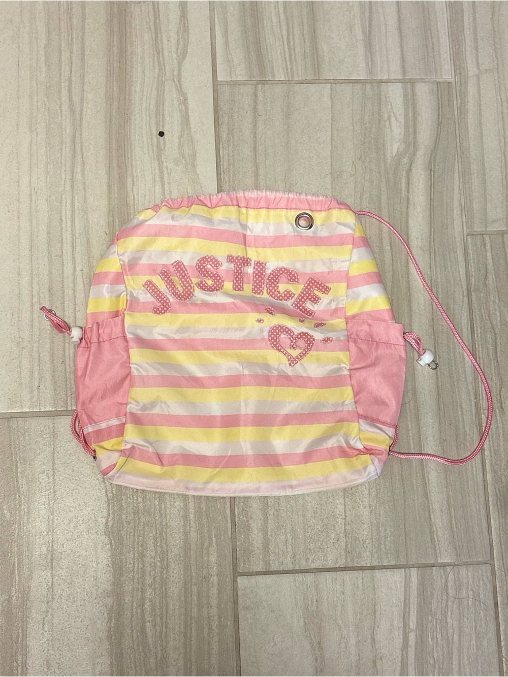 Justice Pink Yellow Striped Drawstring Bag